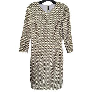 Piol New York Geometric Box Print V Neck Long Sleeve Green Zip Dress Size Medium